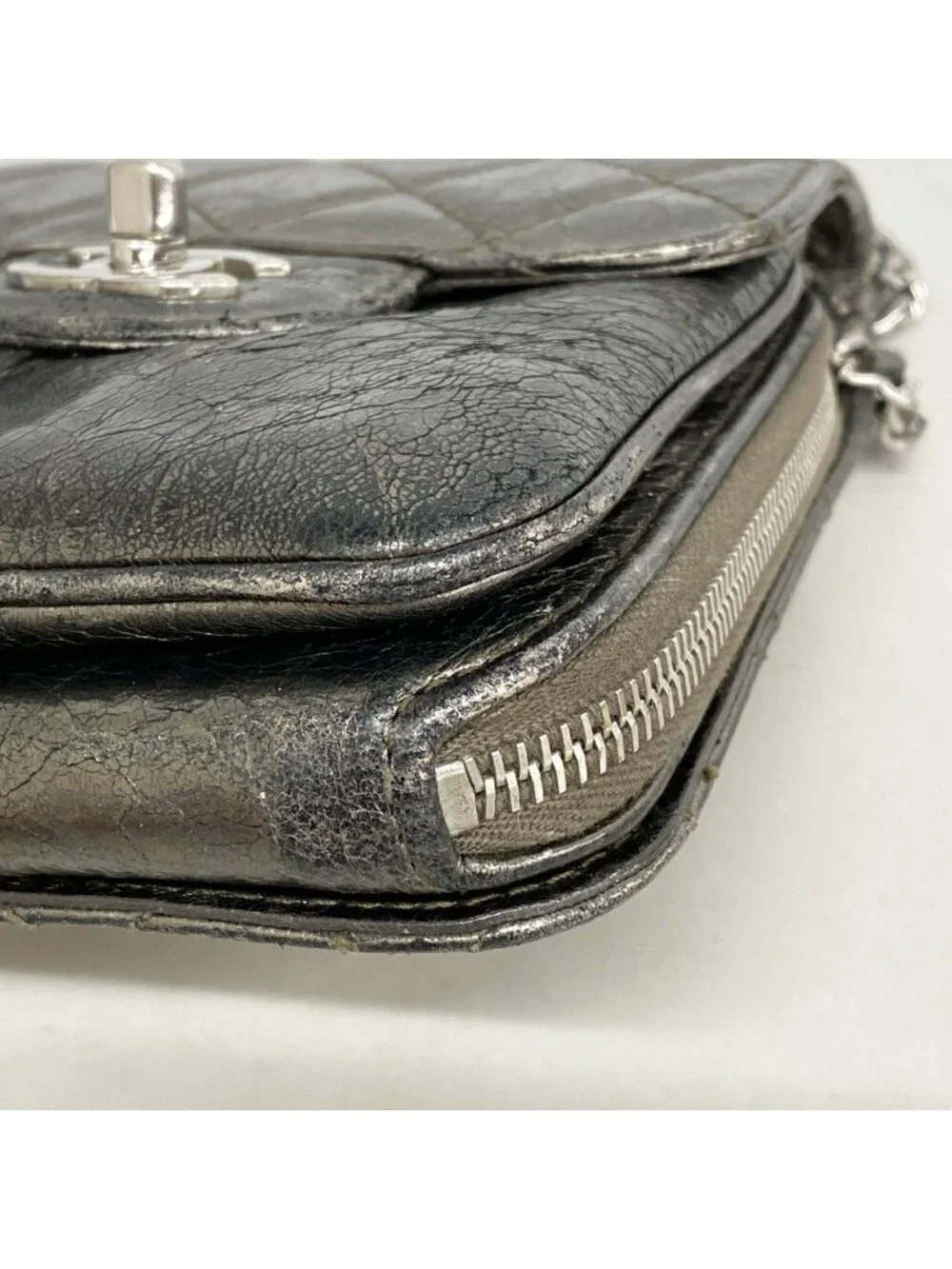 Chanel Shoulder Bag Quilted Leather Gray Silver